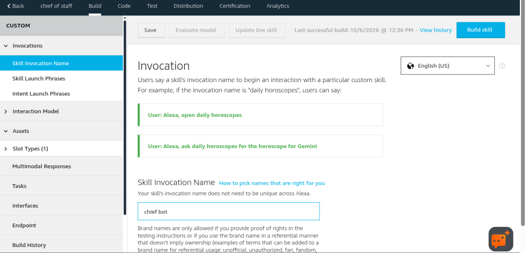 The invocation name page. Mine is "chief bot".