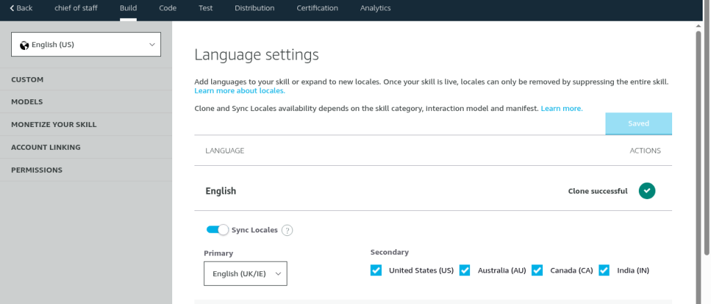 Language settings with Sync Locales on: English (UK) as primary, US, Australia, Canada and India synced.