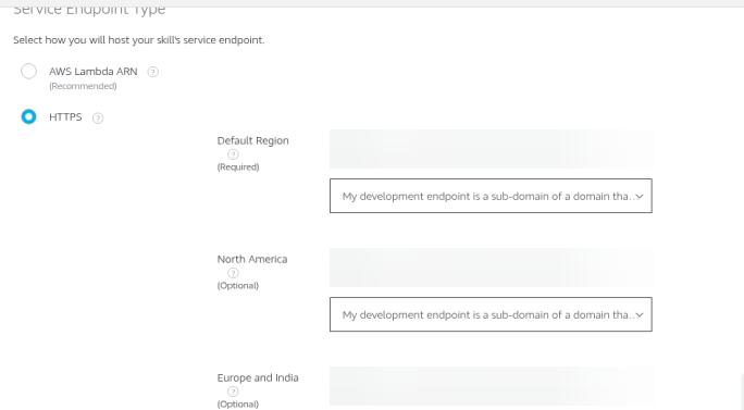 The endpoint page: HTTPS with the wildcard certificate option. URLs blurred.