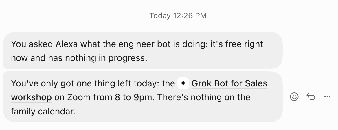 Chief of staff answering in its chat after I asked Alexa: what my engineer bot is doing, and what is left on my calendar today.