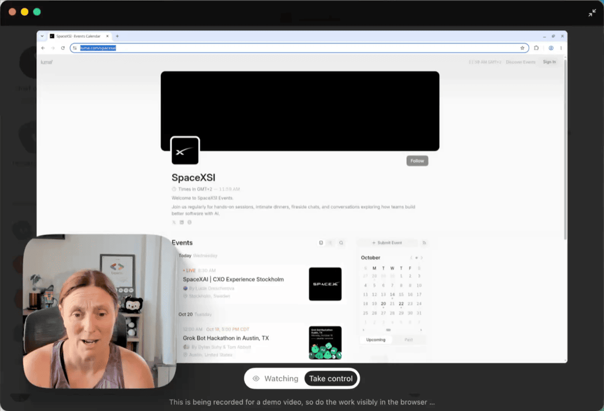 Grok Bot browser showing Luma event search results for upcoming Grok Bot sessions