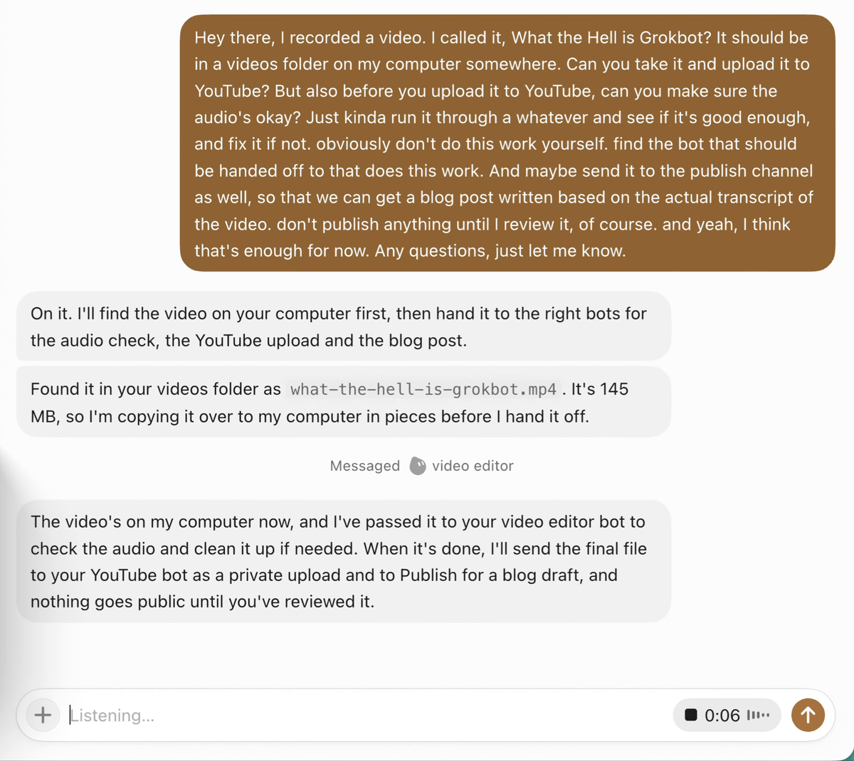 Asking Grok Bot by voice to find my video and upload it to YouTube