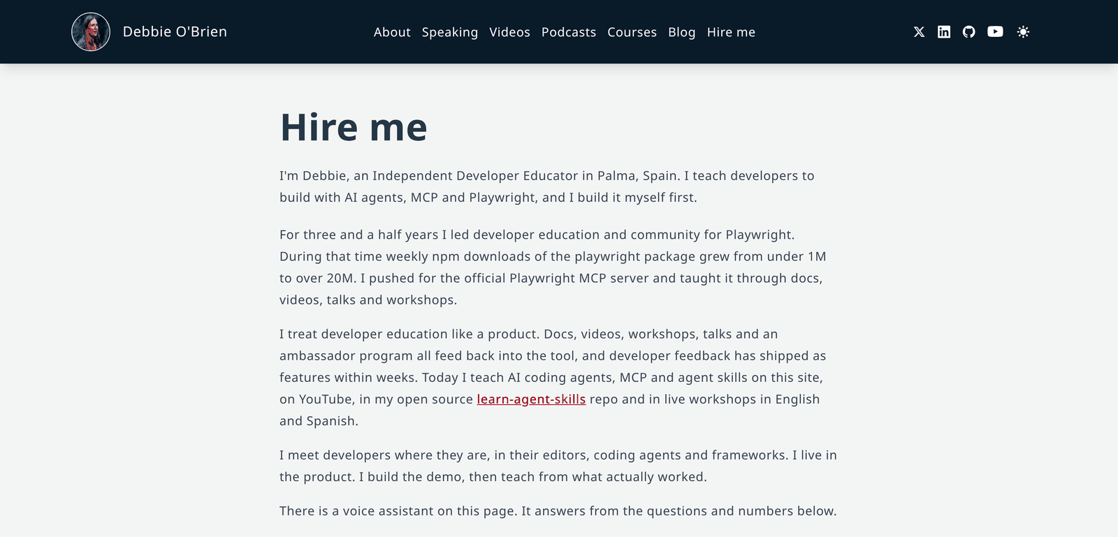 The top of my Hire me page on desktop, with the intro.