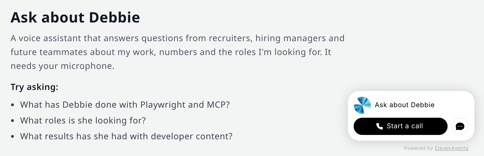 The Ask about Debbie section on my Hire me page, with the questions to try and the voice widget's Start a call button.