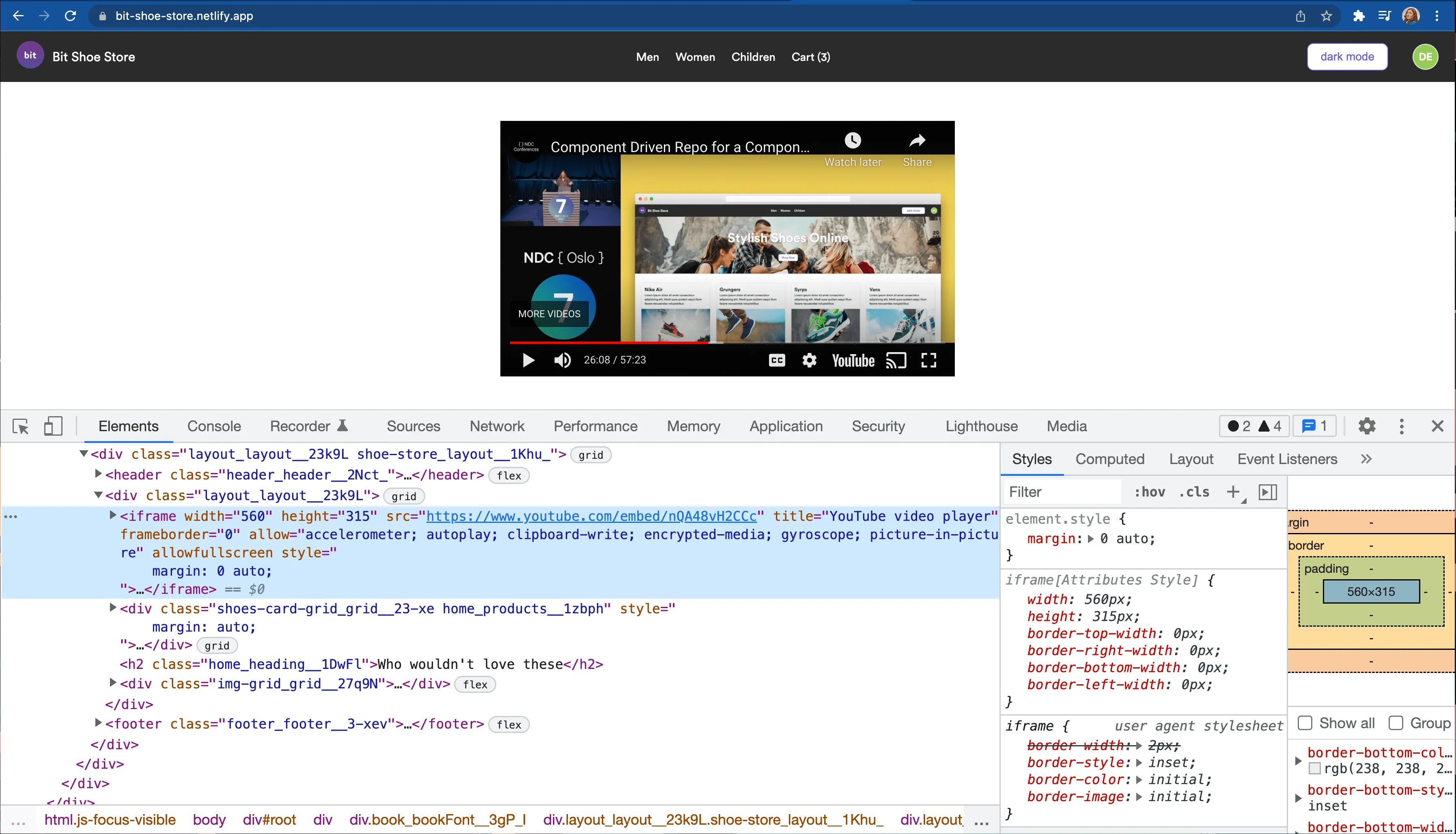 page with a youtube iframe and dev tools open showing the code