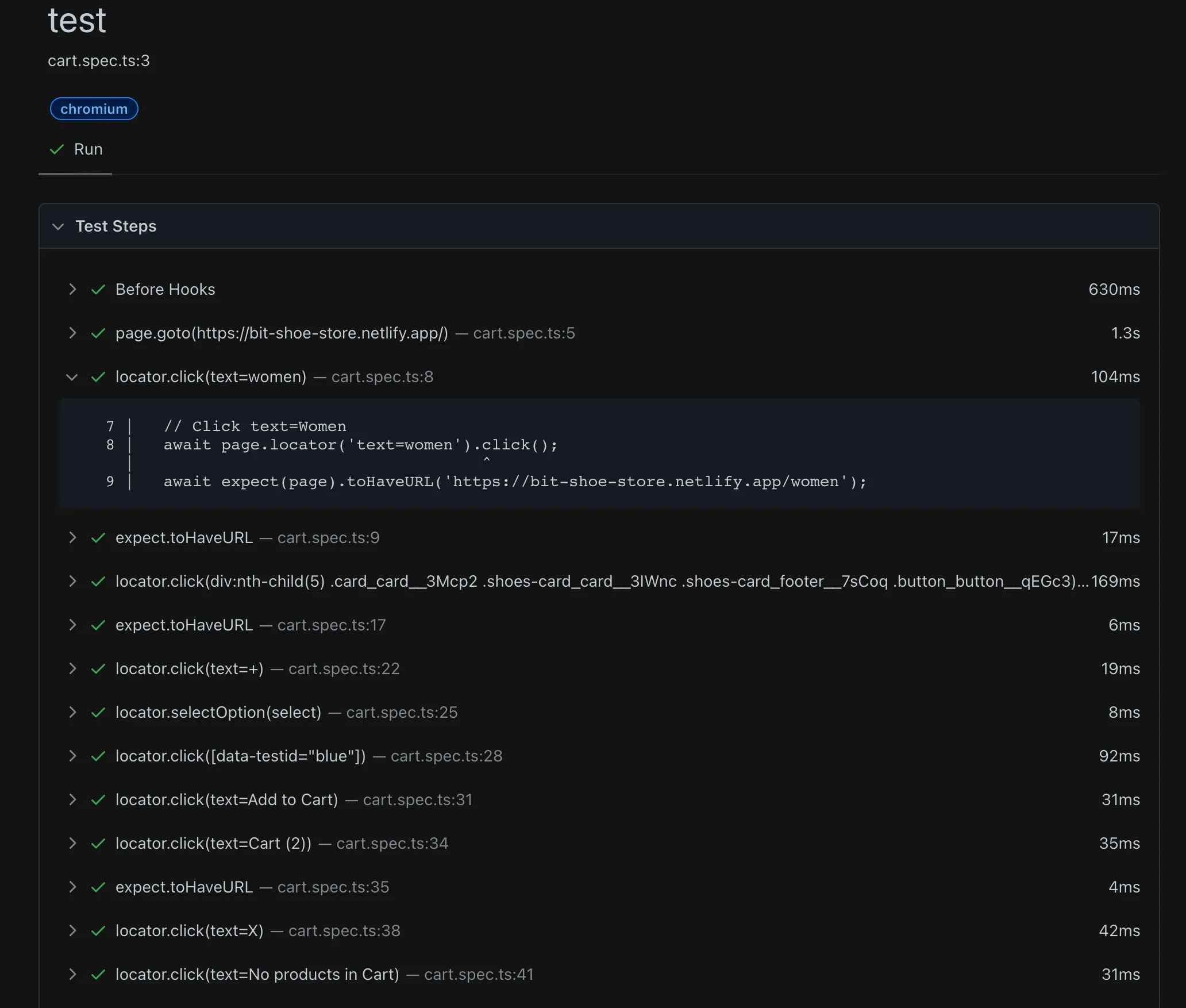 test report showing list of steps test made