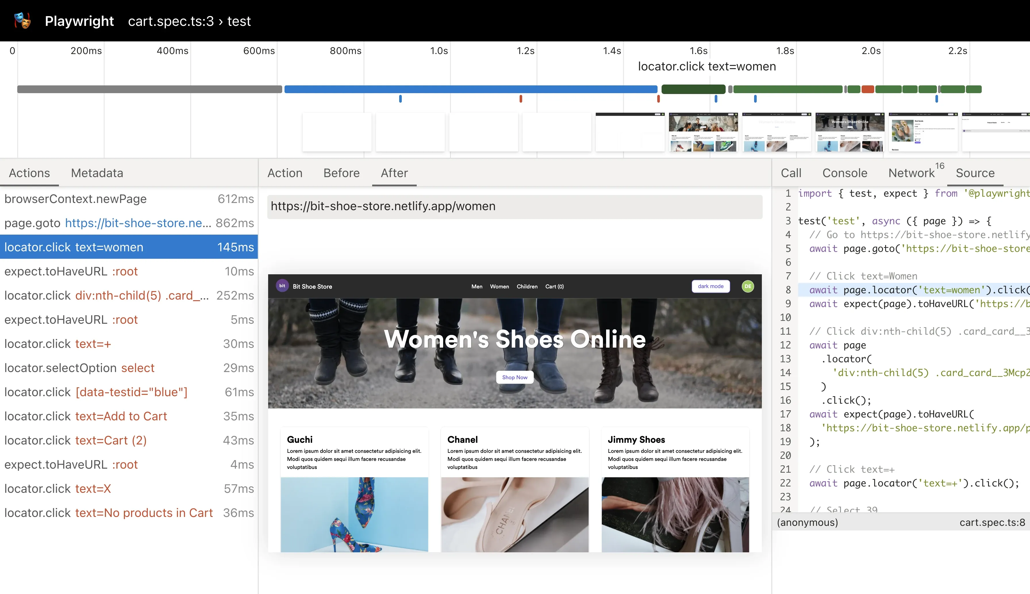 trace viewer in browser window showing all the features it gives you