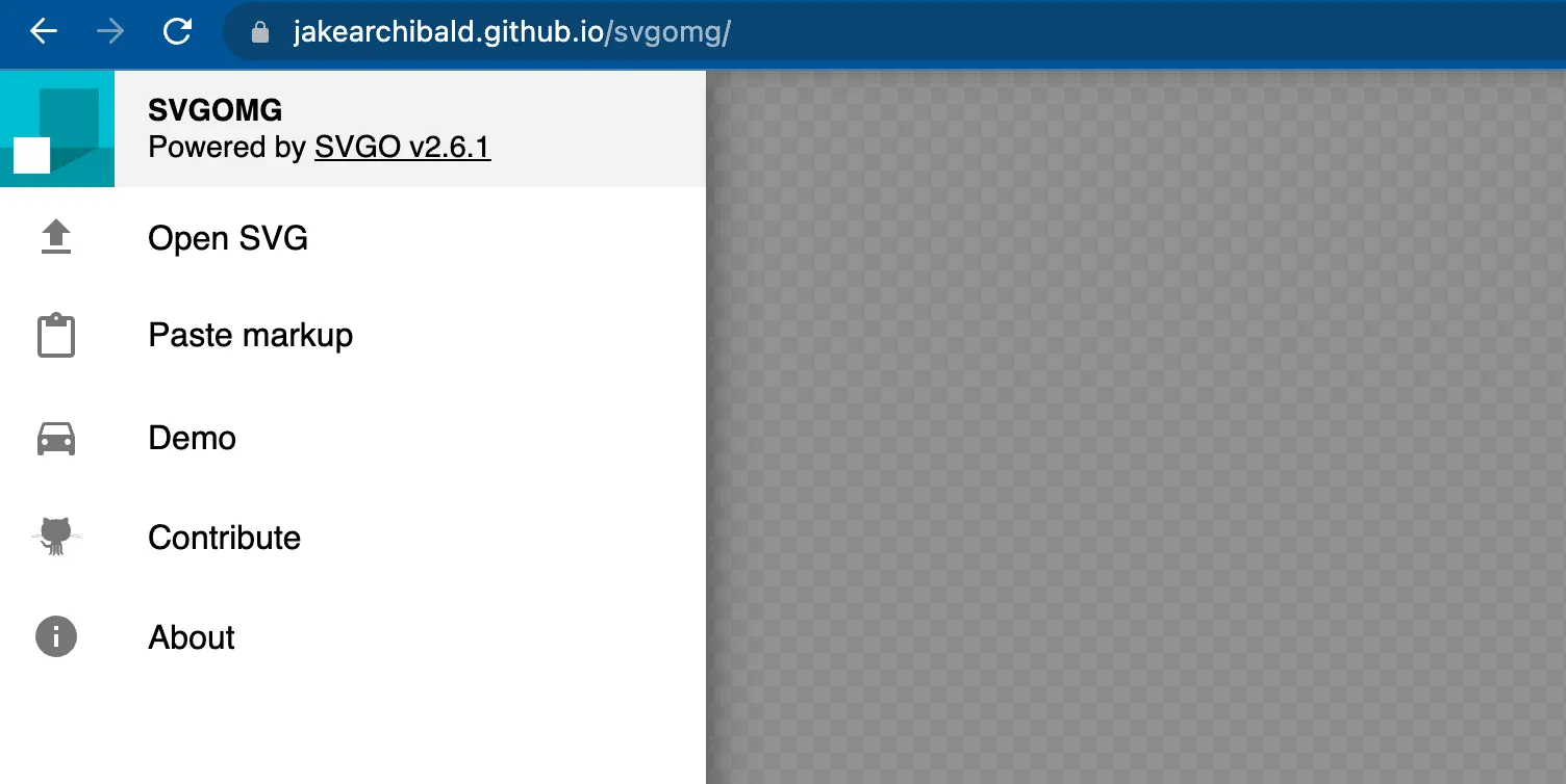 SVGOMG app showing open svg and paste markup options