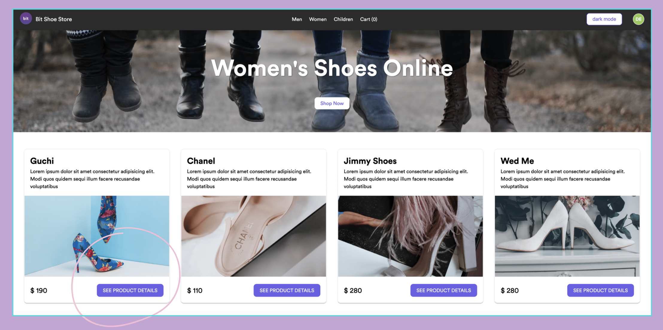 page showing multiple card components with the same button