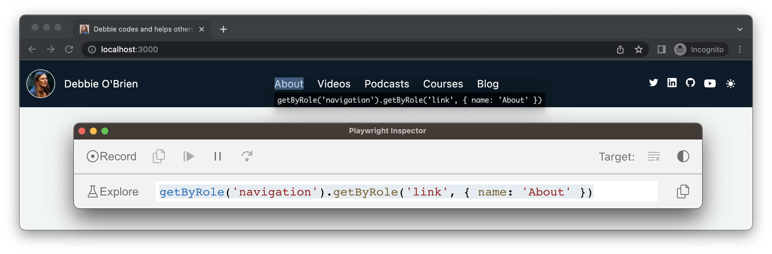 test generator highlighting the about link in the header